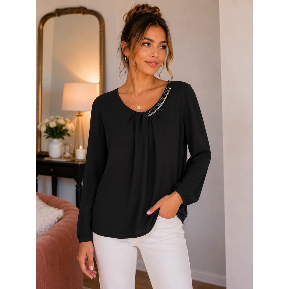 Liz Claiborne Embellished Black Long Sleeve Blouse – Size Large